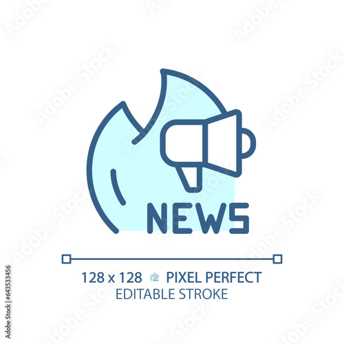 2D pixel perfect editable blue news broadcast icon, isolated vector, thin line illustration representing journalism.