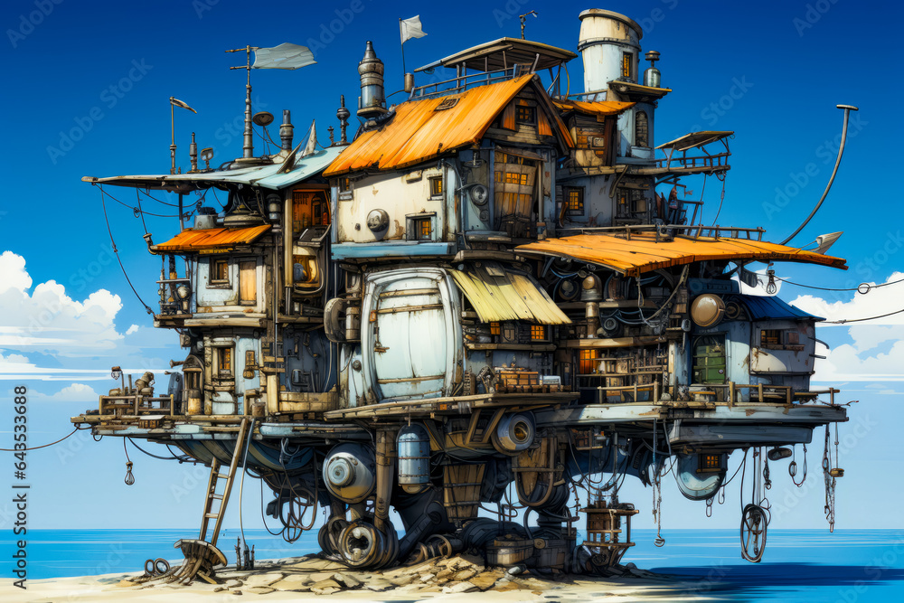Computer generated image of house on floating island.