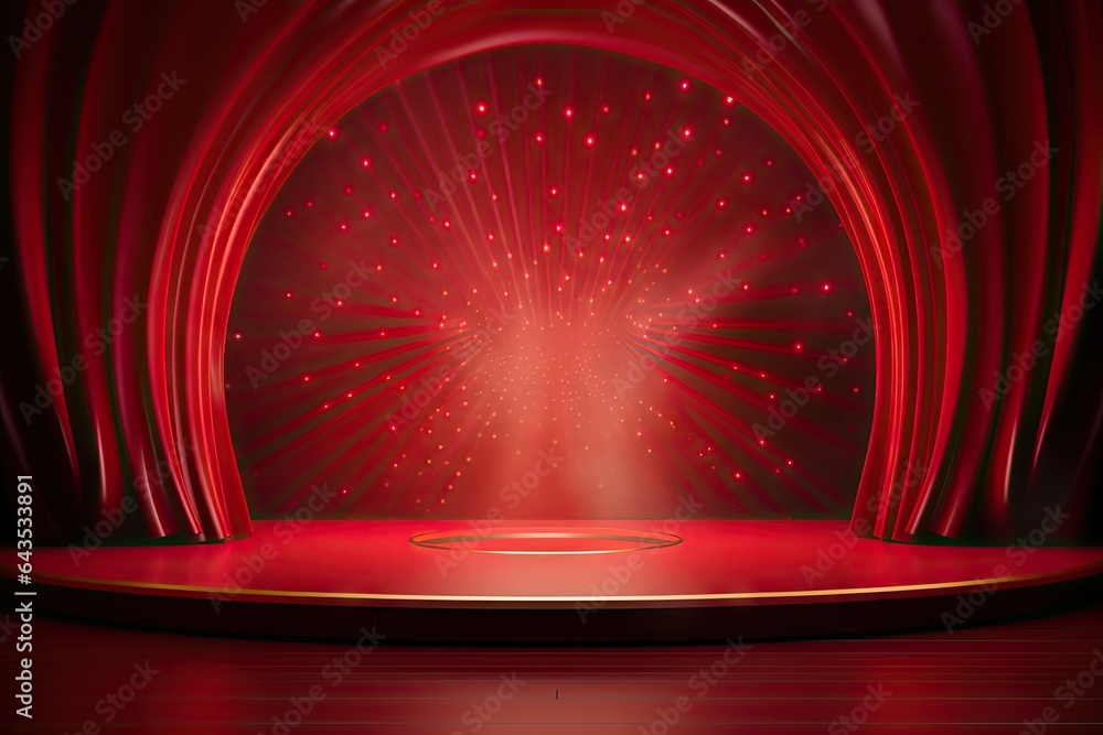 Dramatic prelude. Red curtain and spotlight. Stage of elegance. Classic theater setting. Art of performance. Velvet curtains and drama - obrazy, fototapety, plakaty 