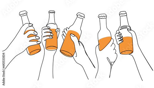 One continuous line drawing of Hands clink beer bottles. National Beer day. Hand drawn one line art vector illustration isolated on the white background.