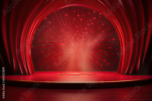 Dramatic prelude. Red curtain and spotlight. Stage of elegance. Classic theater setting. Art of performance. Velvet curtains and drama