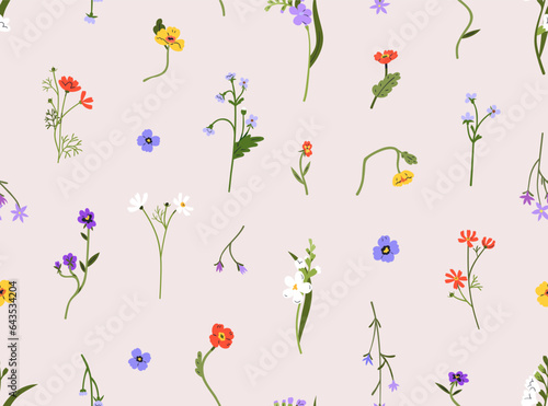 Field flowers pattern. Seamless floral botanical background. Blooming plants,...