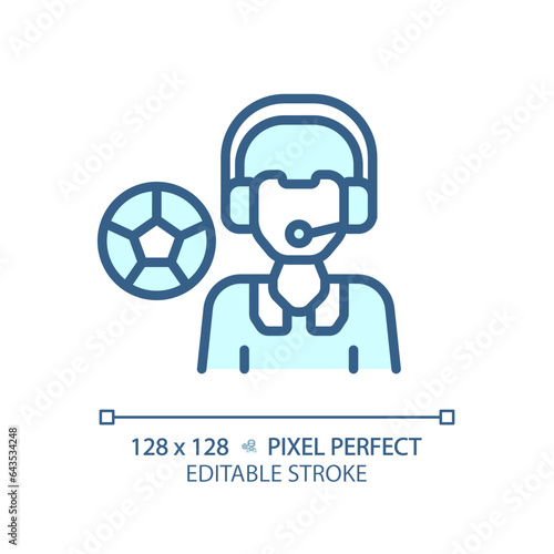 2D pixel perfect editable blue sport newscaster icon, isolated vector, thin line illustration representing journalism.