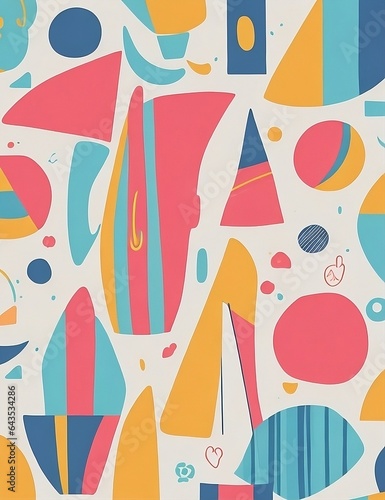 vibrant, whimsical line doodle pattern with a modern, minimalist aesthetic, featuring basic shapes and playful colors.