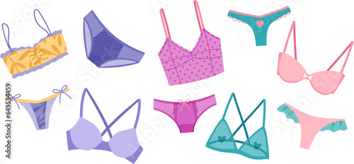 Collection of elegant female underwear. Trendy lingerie set, bra, pantie, bikini. Colorful collection of undergarments vector illustration