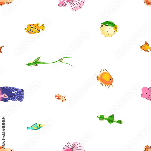 Cute aquarium fishes, seamless pattern design. Endless tropical exotic sea ba...