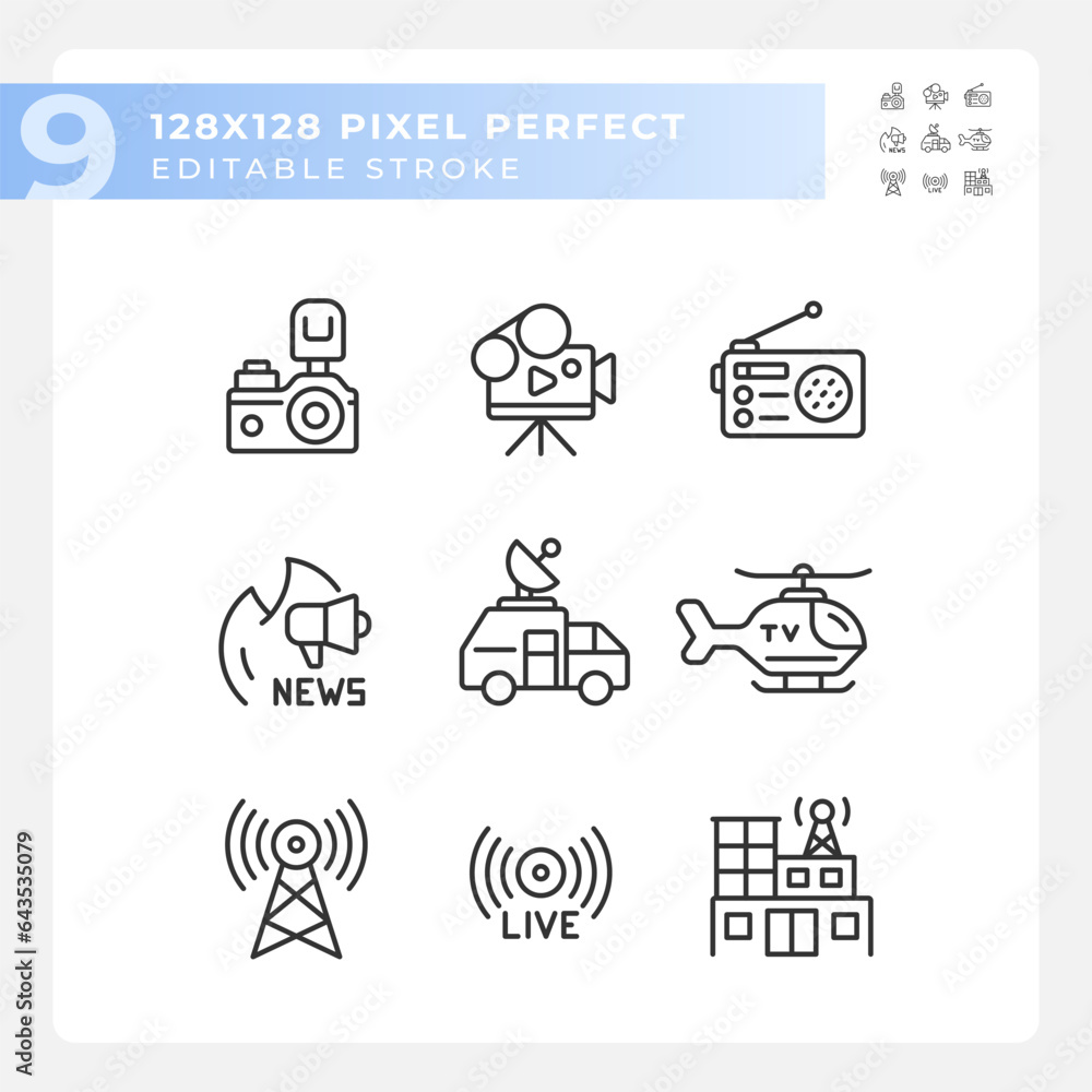 Pixel perfect black icons representing journalism, editable thin line illustration set. Pixel perfect black icons representing journalism, editable thin line illustration set.