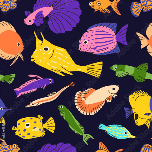 Sea fishes, seamless pattern. Endless marine background, cute underwater anim...