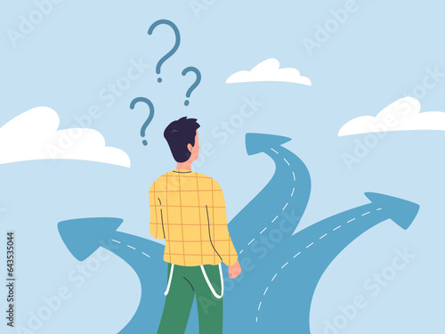 Path select. Decisive or uncertain businessman with questions choosing way direction of future career scenario, alternative paths choice on crossroad concept vector illustration