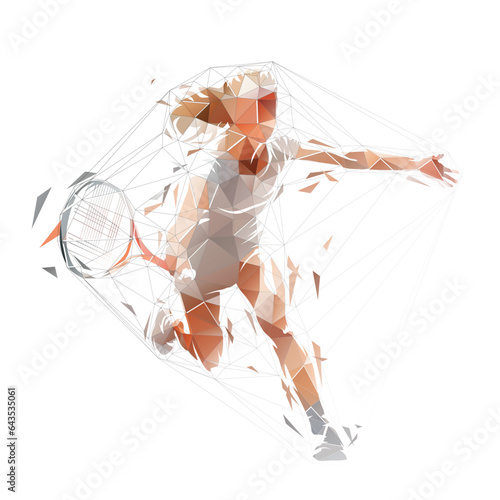 Female tennis player, woman playing tennis, low poly isolated vector illustration