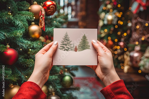 First person view photo of hands holding a christmas greeting card in front of a xmas tree.. Wish you a merry christmas postcard.