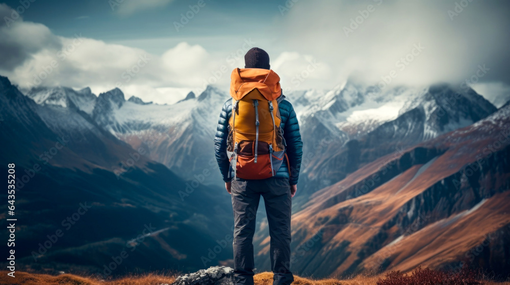 Tourist with backpack standing on the mountain background. Back view