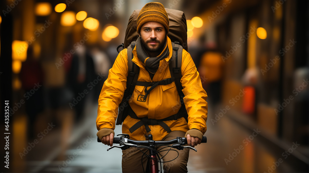 Man riding bike down street with backpack on his back.