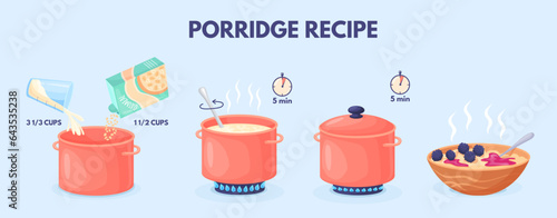 Porridge preparation. Cooking oatmeal recipe, instant cook quick breakfast easy directions steps, rice or oats granola milk meal vegetarian food preparing neat vector illustration