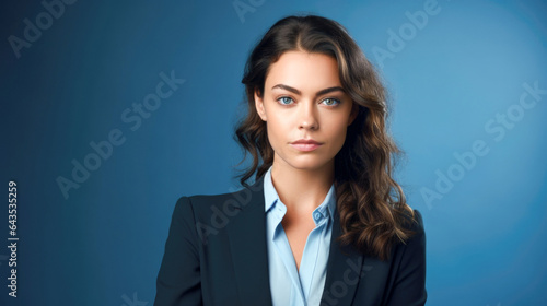 Strict adult girl in suit loking at camera. Young business woman on the isolated blue background. Studio lights