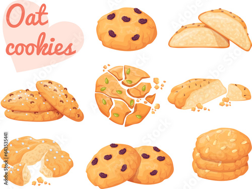 Oat cookies. Oats crunchy isolated cookie with crumbles piece, delicious oatmeal dessert sugar raisin for tea, wheat biscuit homemade cuisine chip cake, neat vector illustration