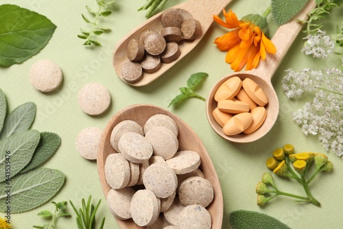 Canvastavla Different pills, herbs and flowers on light green background, flat lay