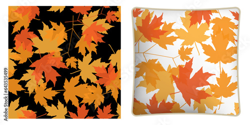 Square decorative pillow, bedroom accessory decorated autumn maple dried herbarium leaves seamless pattern. Vector ornament for design of posters and printing on textile