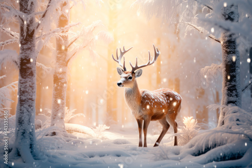 Deer in forest with snow in the winter season