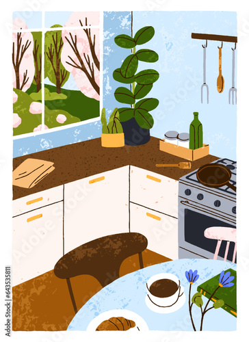 Home kitchen interior card. Cozy dining room with spring in window, breakfast...