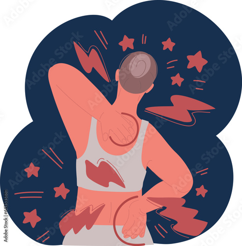 Vector illustration of woman holding his neck in pain. Medical concept.