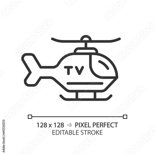 2D pixel perfect editable black news helicopter icon, isolated vector, thin line illustration representing journalism.