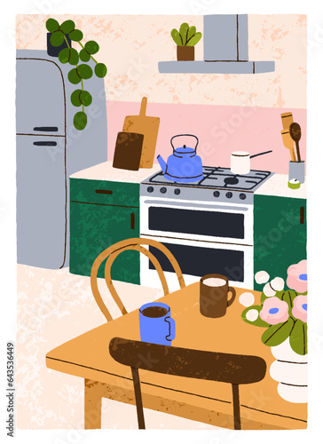 Cozy kitchen card. Cosy hygge home interior. Comfortable furniture, dining table with tea cup, flowers in vase, plants, kettle, utensils. Scandinavian house, apartment design. Flat vector illustration