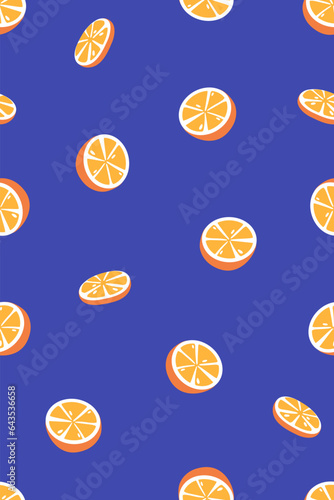 Orange fruits slices, seamless pattern design. Tropical summer texture, endle...