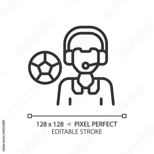 2D pixel perfect editable black sport newscaster icon, isolated vector, thin line illustration representing journalism.