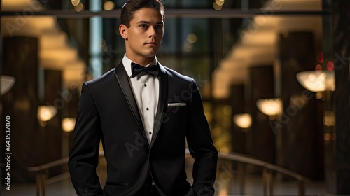 Model in a classic tuxedo, set in a luxury hotel lobby