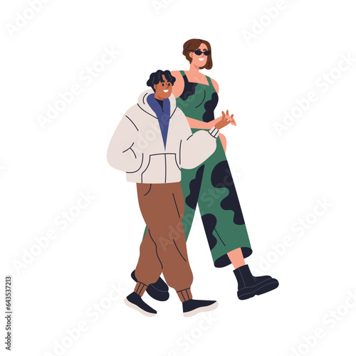 Love couple, tall woman and short man. Valentines, romantic partners of different heights, walking together. Happy unusual lovers holding hands. Flat vector illustration isolated on white background
