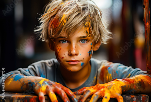 a young boy with paint on his hands and on his face is looking at the camera, close-up, portrait