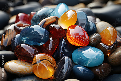 blue and yellow stone background with beach gems, sea stones, transparent, colorful, precious stones, texture, gemstones, rocks, and shiny stones. Close-up view