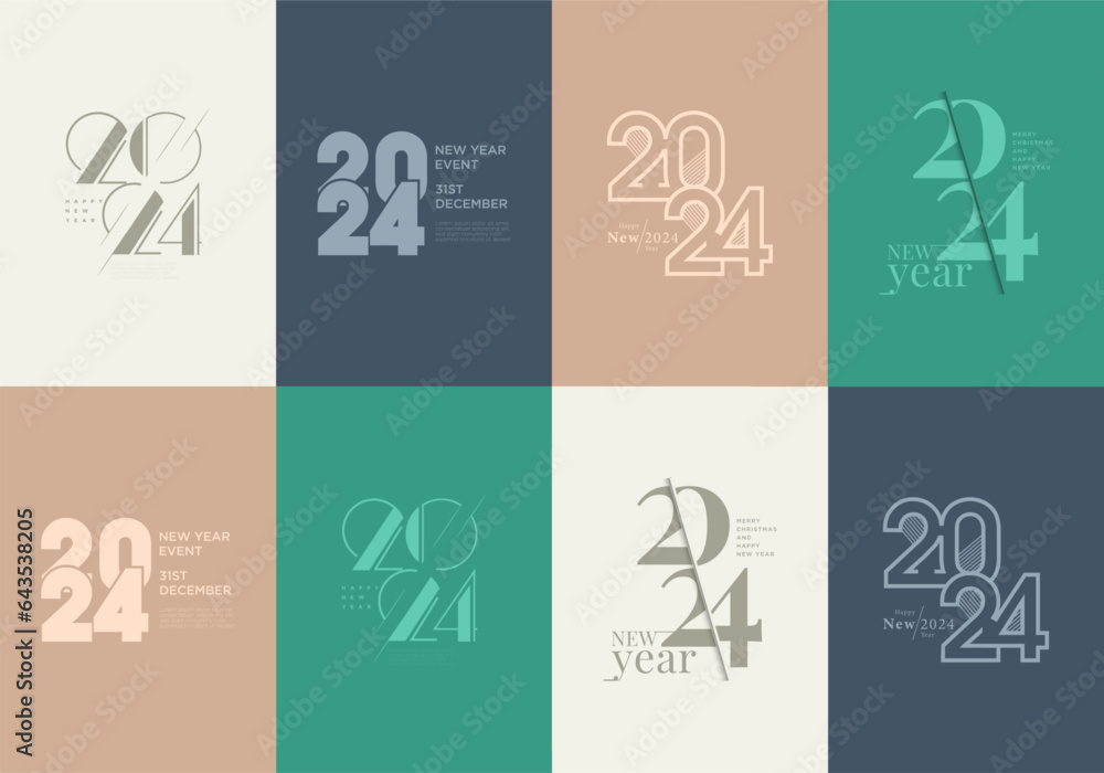 Happy new year 2024. Collection of 2024 new year square templates for calendars, posters, banners and media posts. 2024 typography logo.