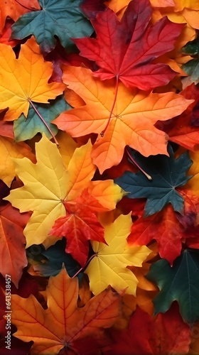 bright background with autumn maple leaves in green  orange and yellow colors  AI generated