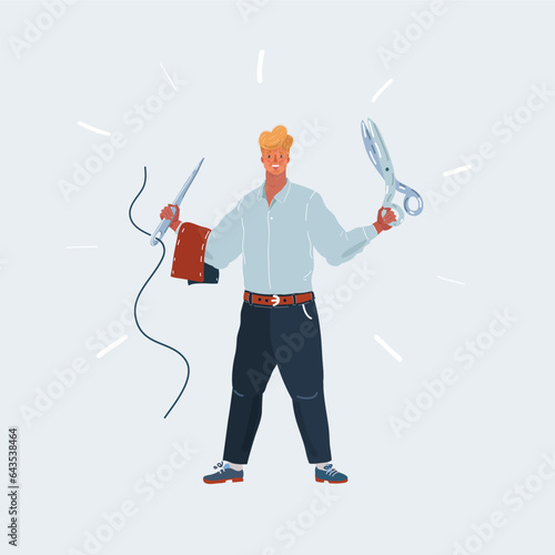 Vector illustration of Tailor holding thread with needle.