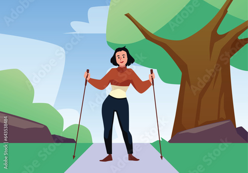 Woman in park on Nordic walking sport training, flat vector illustration.