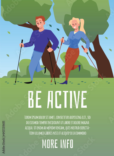 Banner or poster for active lifestyle and Nordic walking training, flat vector.
