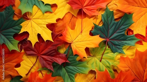 bright background with autumn maple leaves in green  orange and yellow colors  AI generated
