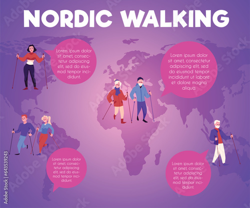 Nordic walking sport training banner or poster, flat vector illustration.