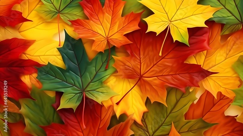 bright background with autumn maple leaves in green, orange and yellow colors, AI generated