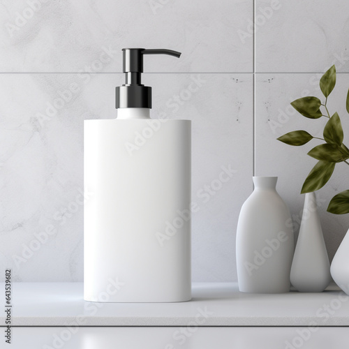 Soap bottle in blank white color, on the bath room
