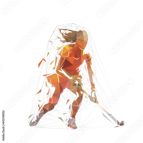 Female field hockey player, woman, isolated low poly vector illustration, geometric drawing