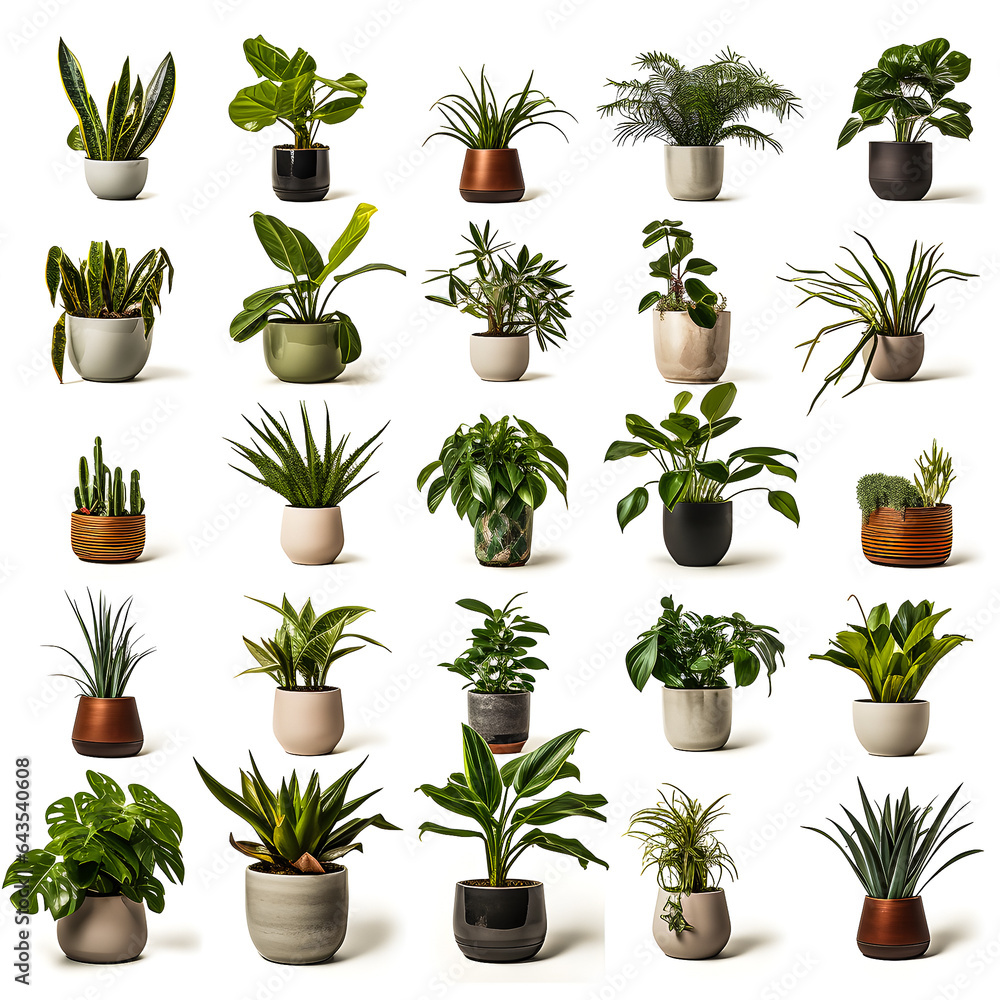Beautiful collection of potted plants on shelves on a white background, Generative AI Beautiful collection of potted plants on shelves on a white background, Generative AI