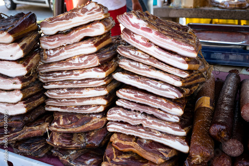 Serbian cured meat and prosciutto assortment on the traditional meat food market Serbia photo