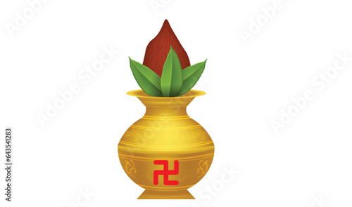 golden Kalash with coconut and mango leaf on a white background. Essential in hindu puja.