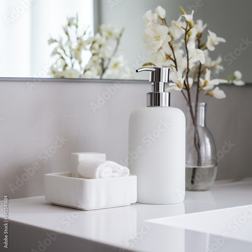 Soap bottle in blank white color, on the bath room