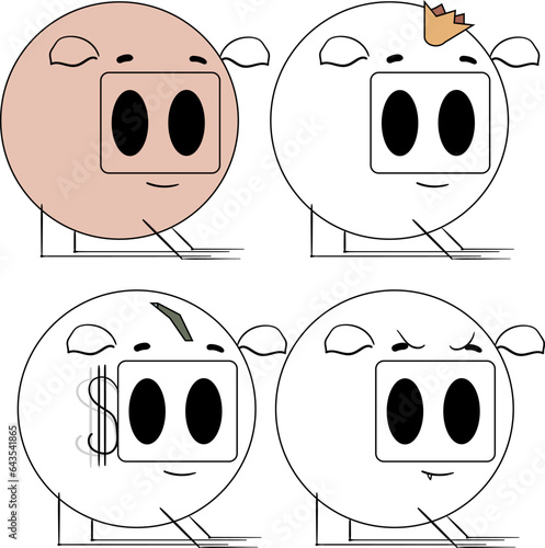 Pig in different variations. The set includes a piggy bank, a royal and a disgruntled pig.