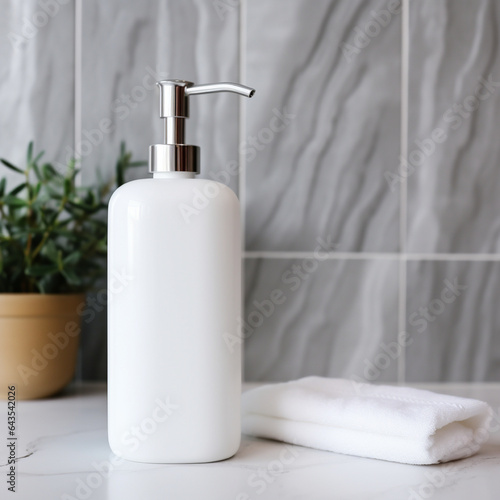 Soap bottle in blank white color, on the bath room