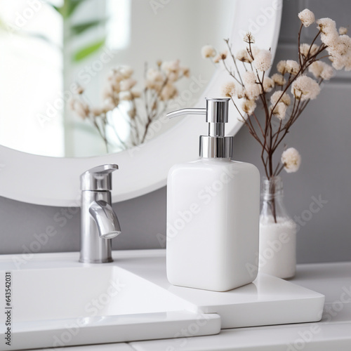 Soap bottle in blank white color, on the bath room